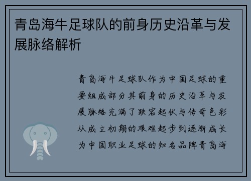 青岛海牛足球队的前身历史沿革与发展脉络解析